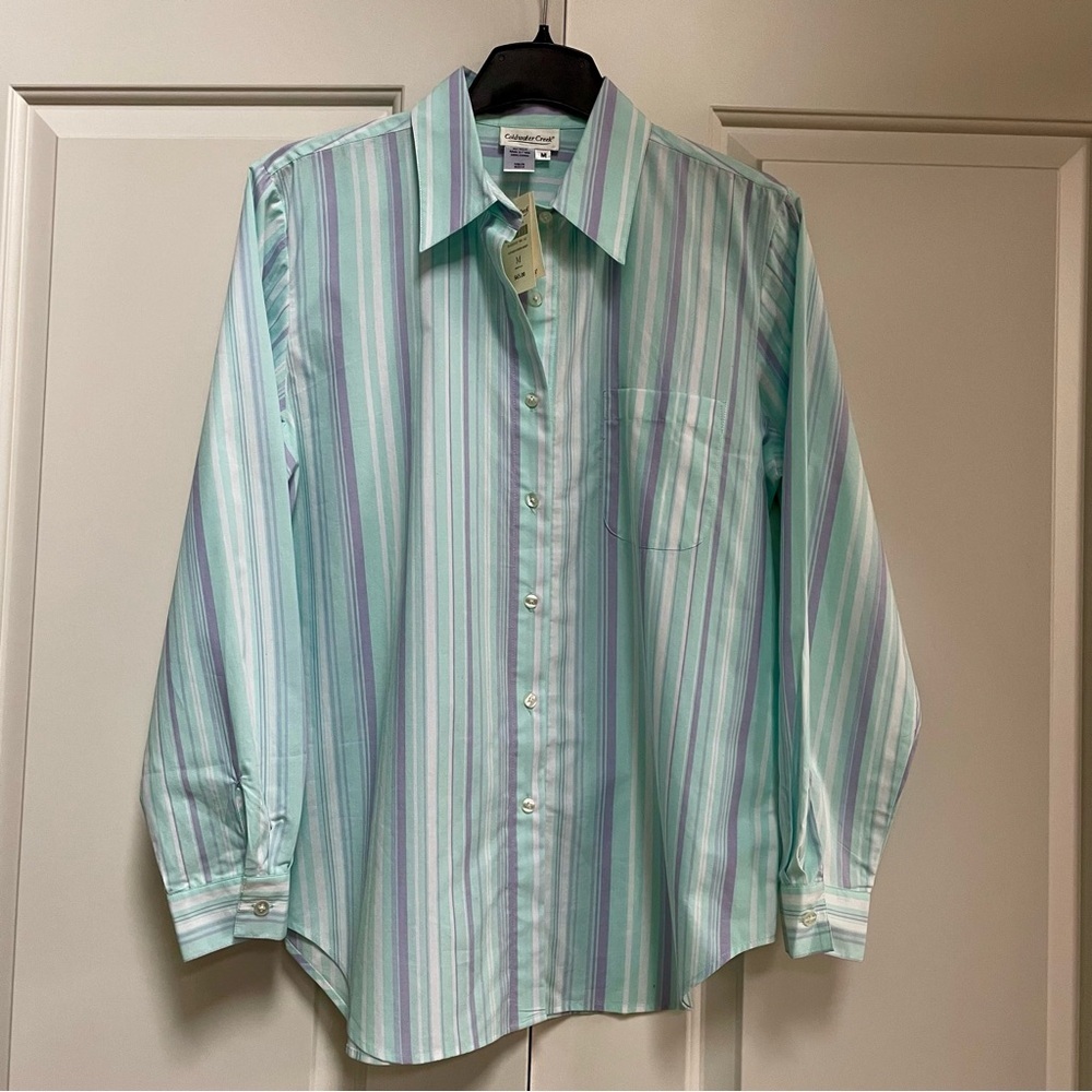 Coldwater Creek 100% Cotton Striped Button Up Long Sleeve Shirttail Hem Shirt